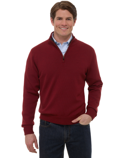 Extrafine Italian merino.  Classic half-zip body with genuine leather pull. Contrast tipping at interior neck. Fully fashioned. Dry clean. Imported.