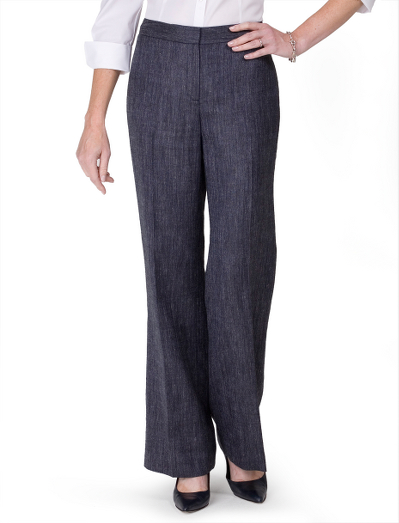 Silk/linen/wool. Plain front with contoured waistband. Hidden hook and bar closure. Corozo buttons. Center front zipper. Fully lined in Bemberg. Finished regular hem. 32 1/2" inseam. Dry clean. Fabric woven in Italy. Imported. Also available in Petites.
