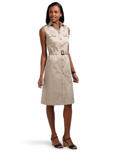 Cotton/lycra. Corozo button-front closure down center front. Chest patch pockets, epaulets on shoulders. Self fabric belt with faux horn buckle. 41" length. Dry clean. Imported. Also available in Petites.