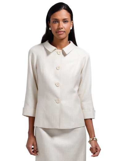 Silk/linen/viscose of bamboo. Mother-of-pearl buttons. Fully lined in Bemberg. Portrait collar. Three-quarter sleeves with turned back cuffs. 23" center back length. Dry clean. Fabric woven in Italy. Imported.