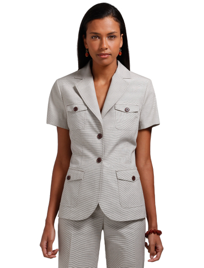 Cotton. Mother-of-pearl buttons at front closure and pockets. Peak lapel. Half-lined in Bemberg. Front patch pockets. 25" center back length. Dry clean. Fabric woven in Italy. Imported.