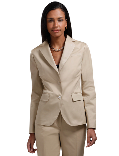 Cotton/lycra. Plain front. Mother-of-pearl two-button closure. Fully lined in Bemberg. 25" center back. Dry clean. Fabric woven in Italy. Imported.