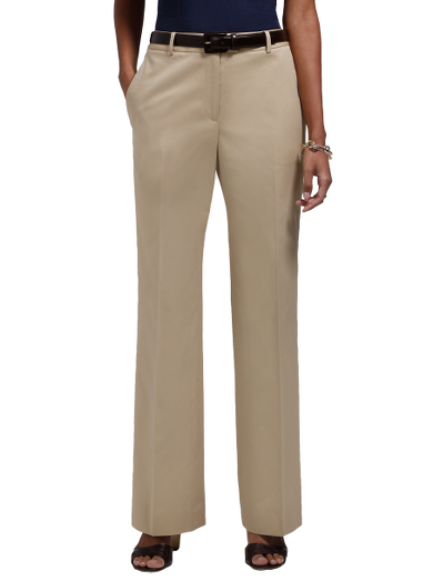 Cotton/Lycra. Plain front. Mother-of-pearl button. Inside hidden button and hook and bar at waist closure. Front-slant pockets. Back button-through flap pockets. Belt loops. 32 1/2" inseam. Dry clean. Fabric woven in Italy. Imported.