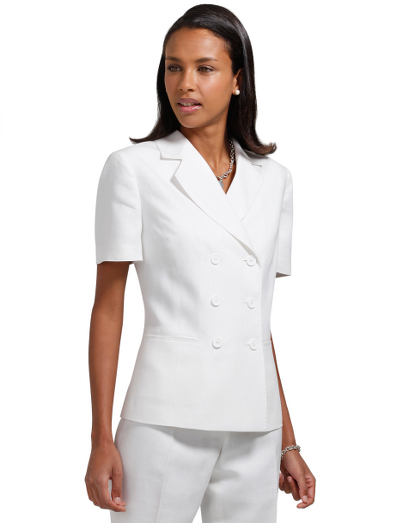 Irish linen. Double-breasted front closure with mother-of-pearl buttons. Peak lapel. Fully lined in Bemberg. Front besom pockets. 24" center back length. Dry clean. Imported. Also available in Petites.