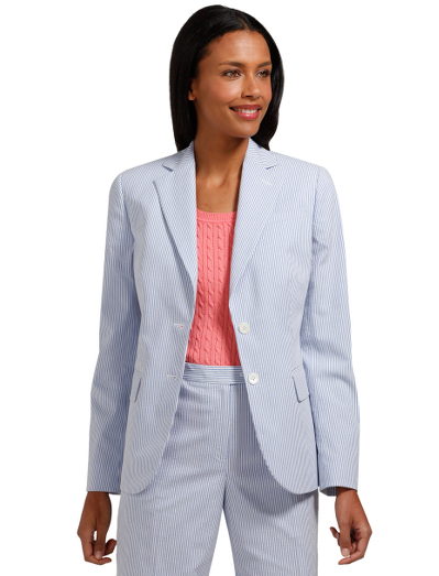 Cotton/Lycra. Mother-of-pearl 2-button closure. Fully lined in Bemberg. Front flap pockets. Peak lapel. 25 1/2" center back length. Dry clean. Imported. Also available in Petites.