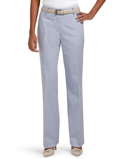 Cotton/Lycra. 2 mother-of-pearl buttons at center front waistband closure. Fully lined in Bemberg. Back welt pockets. Front-slant pockets. Belt loops. 32 1/2" inseam. Dry clean. Imported. Also available in Petites.
