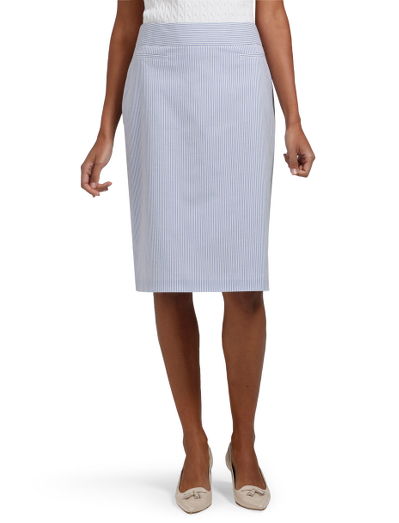 Cotton/lycra. Plain front. Back zip. Center back vent. Front welt pockets. Fully lined in Bemberg. 24" length. Dry clean. Imported.