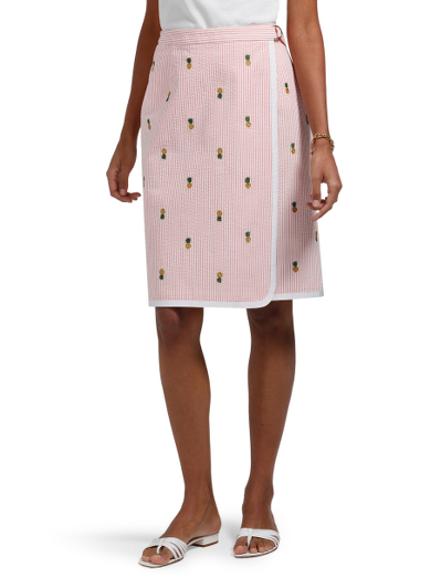 Cotton. Colorful pineapple embroidery. Plain front. Hidden inside button closure and silver Country Club logo buckle. Mother-of-pearl buttons. Unlined. Tipped in white grosgrain. 23" length. Machine wash. Imported.