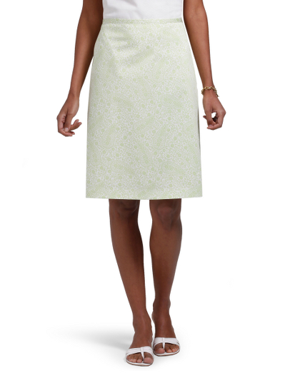 Cotton/elastic. Plain front. Side zip. Fully lined. 22 1/2" length. Dry clean. Imported.