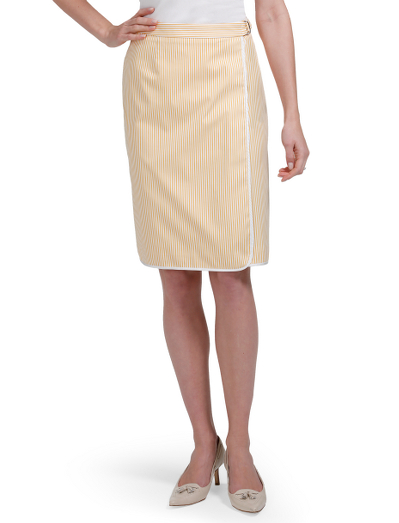Cotton/elastic. Mother-of-pearl buttons. Fully lined in Bemberg. Wrap skirt with hidden inside button closure and silver Country Club logo buckle. 23" length. White grosgrain trim. Dry clean. Fabric woven in Italy. Imported.