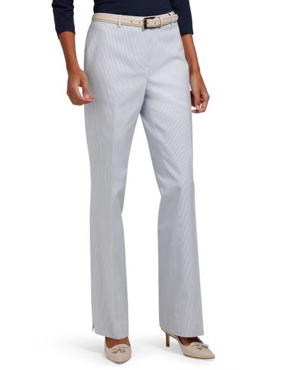 Cotton. Plain front with white enamel covered Country Club logo shank buttons at back pocket. Belt loops. Hidden hook and bar waistband closure. Fully lined in Bemberg. 32 1/2" inseam. Dry clean. Fabric woven in Italy. Imported.