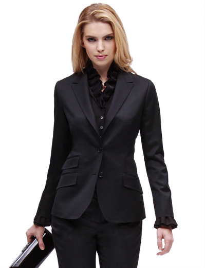 Super 110s wool. Corozo 2-button front closure. Fully lined in Bemberg. Front flap pockets. Topstitch on collar and lapel. Peak lapel. 25 1/2" center back length. Dry clean. Imported.