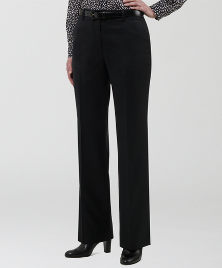 Super 110s wool. A classic, relaxed fit pant with straight leg. Sits just below the natural waist, with a contoured waistband and tab closure. Plain  front. Corozo buttons. Center front zipper. Fully lined in Bemberg. Front-slant pockets and back button through besom pockets. 32 1/2" inseam. Dry clean. Imported.