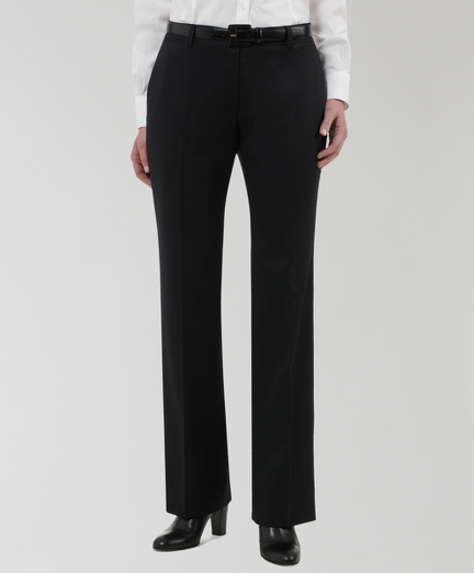 Super 110s wool. A classic, slim fit pant with a straight leg. Sits just below the natural waist with a contoured waistband and tab closure. Plain front Corozo buttons. Center front zipper. Fully lined in Bemberg. Back besom pockets. 32 1/2" inseam. Dry clean. Imported.