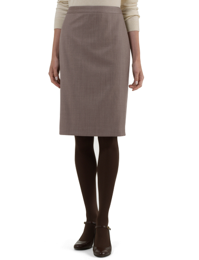 Wool super 110s. Plain front with contoured waistband.  Side zipper. Fully lined in Bemberg. Pleating detail at center back hem. 24" center back length. Dry clean. Fabric woven in Italy. Imported.