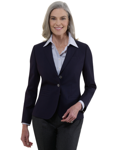 Wool/lycra woven in Italy. Our tailored fit jacket. Feminine styling in a slim, flattering silhouette that is both modern and timeless. Three mother-of-pearl buttons. Half lined in Bemberg. Topstitch detail on collar, lapel and front princess seams. Front besom pockets. 23 1/2" center back length. Dry clean. Imported.