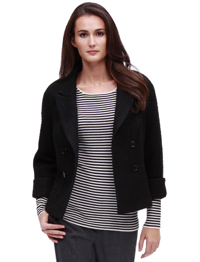 Fitted, double-breasted jacket with cuffed three-quarter raglan sleeves. 22" center back length. Black corozo buttons. Wool blend woven in Italy. Dry clean. Imported.