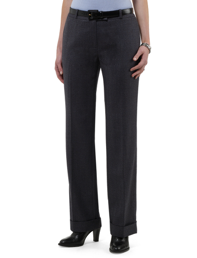 A classic slim fit wool pant with a straight leg.  Sits below the natural waist with a contoured waistband.  Center front zipper.  Belt loops.  Fully lined in Bemberg.  Finished 2" cuffs.  Back besom pockets.  32 1/2" inseam.  Dry clean.  Fabric woven in Italy.  Imported