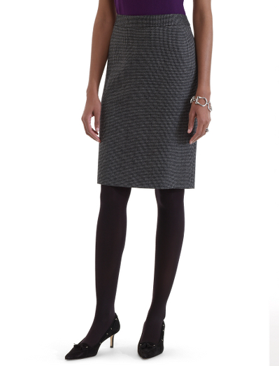Pure wool woven in Italy. 24" center back length. Hidden back zip. Dry clean. Imported.