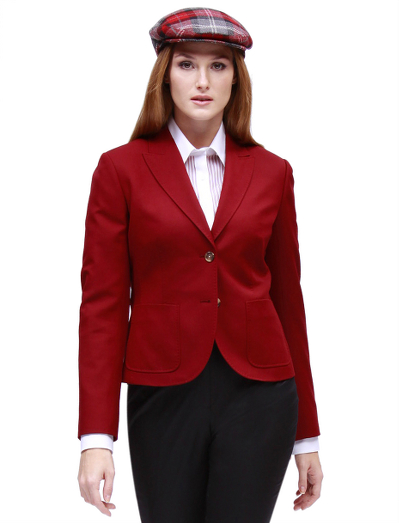 Wool. Two-button front with patch pockets. Horn buttons. Half-lined in Bemberg. Tonal red plaid lining. Fabric woven by Loro Piana. 22" center back length. Dry clean. Imported.