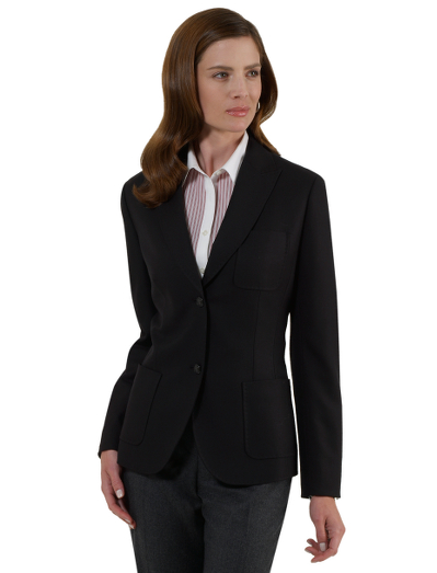 Wool Zelander. Plain front. Enamel buttons.  Half-lined in Bemberg.  Front patch pockets.  Fabric woven in Italy by Loro Piana. 25" center back length.  Dry clean.  imported.