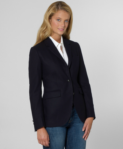 Our slimmest fitting jacket with four enamel buttons on back. Fully lined in Bemberg. 26 1/2 " center back length. Dry clean. Imported.