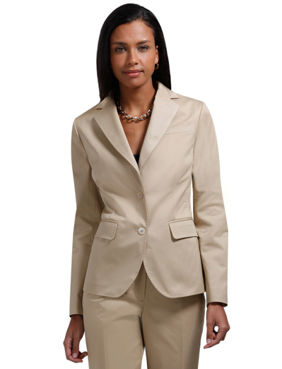 Cotton/lycra. Plain front. Mother-of-pearl two-button closure. Fully lined in Bemberg. 23 1/2" center back. Dry clean. Fabric woven in Italy. Imported.