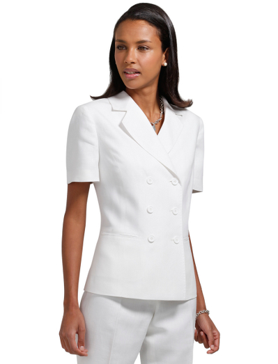 Irish linen. Double-breasted front closure with mother-of-pearl buttons. Peak lapel. Fully lined in. Bemberg. Front besom pockets. 23" center back length. Dry clean. Imported.