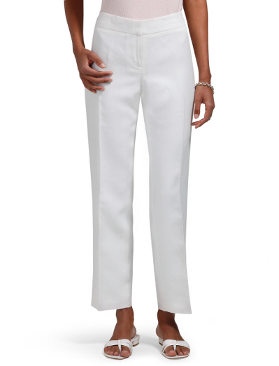 Irish linen. Plain front. Hook and bar closure at waist. Fully lined in Bemberg. 27 1/2" inseam. Dry clean. Imported.