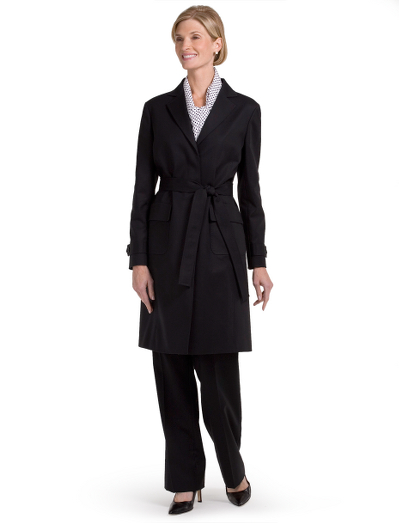 Cotton/Lycra. Front hidden corozo buttons. Fully lined in Bemberg. Front-slant pockets. Self fabric covered belt. Pickstitch detailing on belt, pockets and placket. Water-resistant. 36 1/2" length. Dry clean. Imported. Also available in Misses.