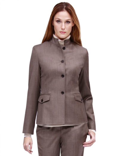 Wool super 110s. Four button mother-of-pearl closure with mandarin collar. Fully lined in Bemberg.  Front flap pockets.  23" center back length.  Dry clean.  Fabric woven in Italy.  Imported.
