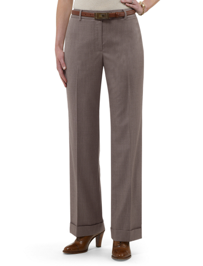 Wool super 110s. A classic , relaxed fit pant with a straight leg. Sits just below the natural waist with a contoured waistband. Tab front closure with zipper. Mother-of-pearl button. Fully lined in Bemberg. Front slant pockets and back besom pockets. 30 1/2" inseam. Dry Clean. Fabric woven in Italy. Imported.