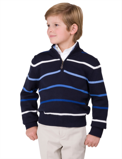 Cotton. Knit from Supima� cotton. Ribbed trim, fully fashioned for a perfect fit. Stripe design. Mockneck with leatehr zipper pull. Machine wash. Imported.