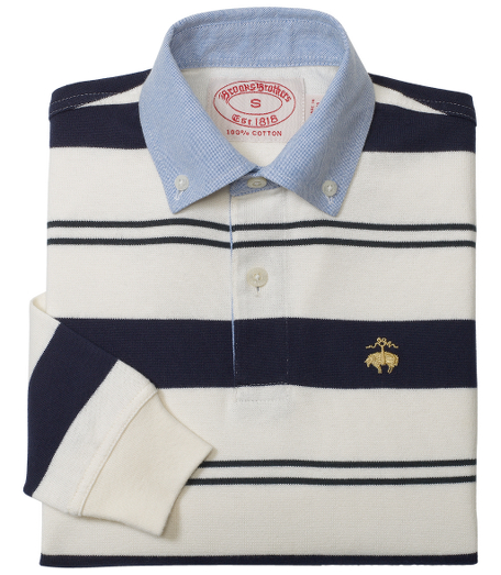 Classic rugby style in pure cotton. Contrasting rugby collar and placket. Detailed with rubber buttons and embroidered chest logo. Machine wash. Imported.
