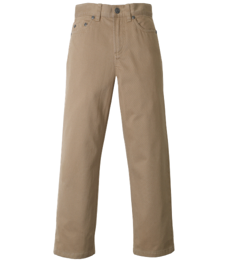 Cotton. Plain front with faux horn button front. Center front zipper. Regular finished hem. Front-slant pockets and back patch pockets. Machine wash. Imported.