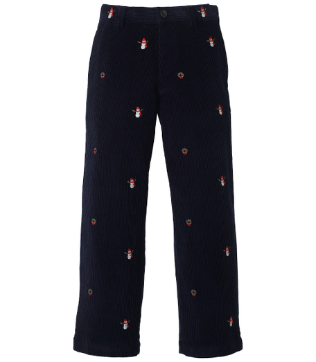 Cotton corduroy. Plain front. On-seam front pockets and back besom pockets. Adjustable elastic waistband and hidden snap-button closure on sizes 4-6. Embroidered snowmen and wreaths. Machine wash. Imported.