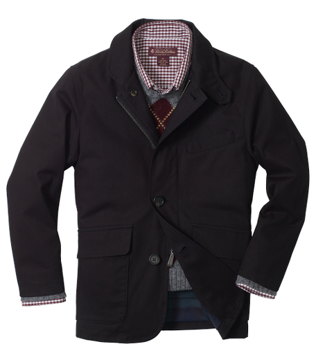 Cotton. Black Watch plaid cotton lining. Side vents. Under collar features suede trim. Logo zipper pull and buttons. Dry clean. Imported.