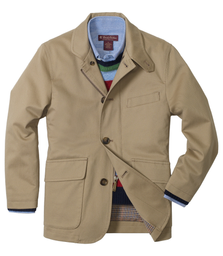 Cotton. District check cotton lining. Side vents. Under collar features suede trim. Logo zipper pull and buttons. Dry clean. Imported.