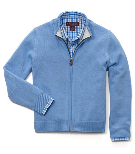 Supima� cotton. Suede zipper pull. Tonal knit elbow patches. Rib trim at collar and cuff. Fully fashioned. Machine wash. Imported.