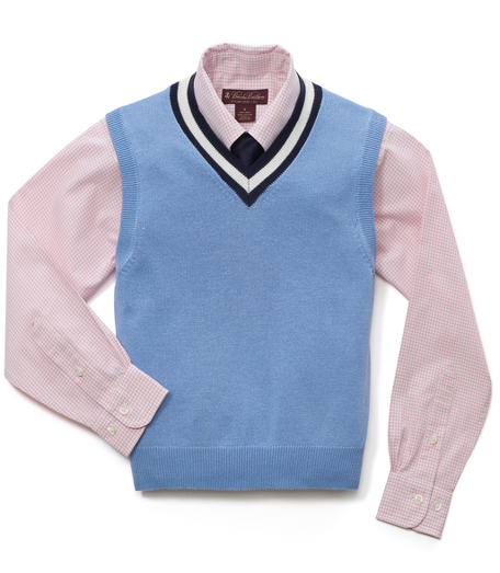 Supima� cotton. Striped rib trim at neck. Fully fashioned. Machine wash. Imported.