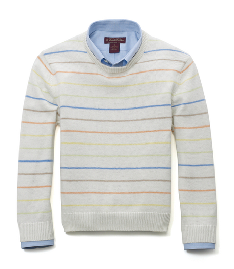 Supima� cotton. Intarsia stripes in fun spring colors. Fully fashioned. Rib trim at collar and cuffs. Machine wash. Imported.