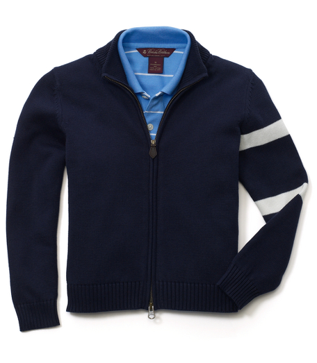Supima� cotton. Intarsia stripes at sleeve with BB felt patch. White rubber fleece zipper pull. Fully fashioned. Machine wash. Imported.