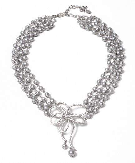 Pave Bow Four Strand Pearl Necklace