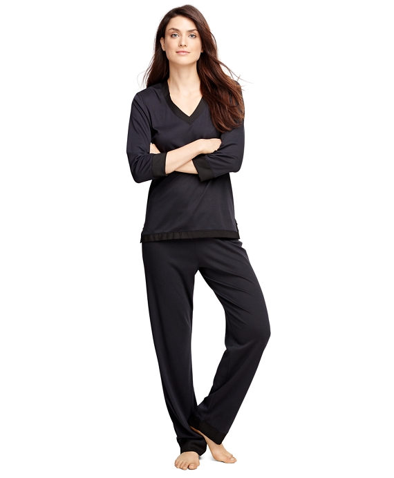 Women's Black Cotton Pajama Set with Satin Trim | Brooks Brothers