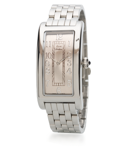 An elegant accompaniment to our jewelry collection, this quality timepiece is characterized by a stainless steel mesh band. Champagne dial with applied numbers. Adjustable with removable links (by jeweler or watch repair shop). Swiss made. Quartz movement. Stainless steel case with anti-reflection mineral glass. A semi-precious blue agate stone adorns the crown. Stainless steel case and dual-opening deployant clasp. Case measures 1.85" x .91". Imported.