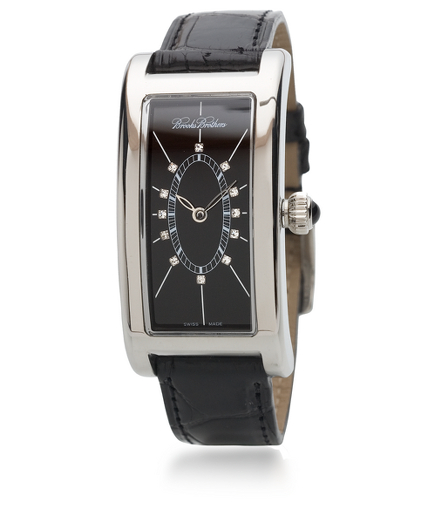 Sleek and sophisticated lady's watch features a black enamel face punctuated by 12 diamond markers (each is .09 carat). Swiss made. Quartz movement.  Stainless steel case with anti-reflection mineral glass. A semi-precious blue agate stone adorns the crown. Case measures 1.85" x .91". Black American Alligator band. Imported.