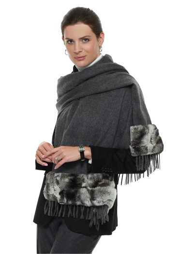 Elegant scarf in pure cashmere with rabbit border. Fur border is chinchilla-printed sheared rabbit fur.  72" x 18 1/2" plus 3" fringe. Professional clean. Made in Italy.