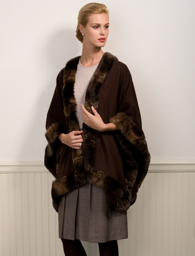 Elegant pure cashmere wrap with Italian rabbit border. Chinchilla printed sheared fur border. Falls 30" from shoulder. Professional clean.