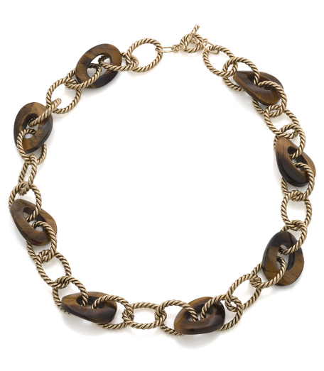 Genuine tiger's-eye and 12k gold-plated metal. Toggle closure. 24" long. Imported.