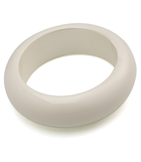 Smooth white resin bangle. 1.25" wide. Imported. Presented in a beautiful gift box.